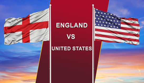 England vs. United States  two flags on flagpoles and blue cloudy sky background.Soccer matchday template