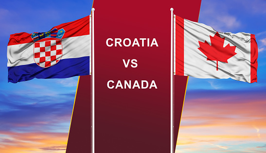 Croatia vs. Canada two flags on flagpoles and blue cloudy sky background.Soccer matchday template