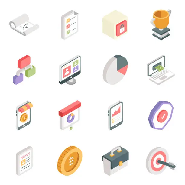 Vector illustration of Pack of Business and Document Isometric Icons