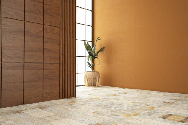 istock Empty Large Room with Window Light Beige Wall and a Green Plant 1442005856