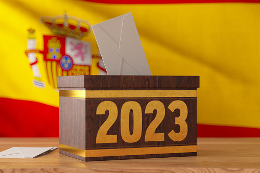 Spain 2023 Elections Concept with a Voting Ballot and Spanish Flag. 3D Render