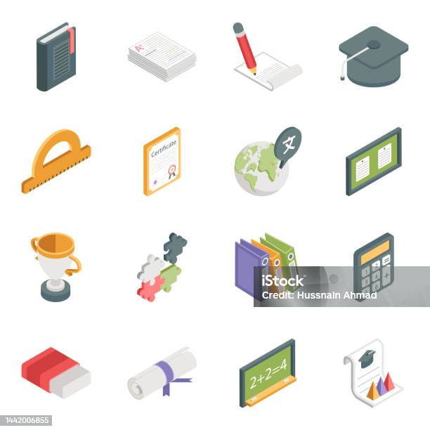 Pack Dicônes Isométriques De Léducation Vecteurs libres de droits et plus d'images vectorielles de Salle de classe - Salle de classe, Acte notarié, Article