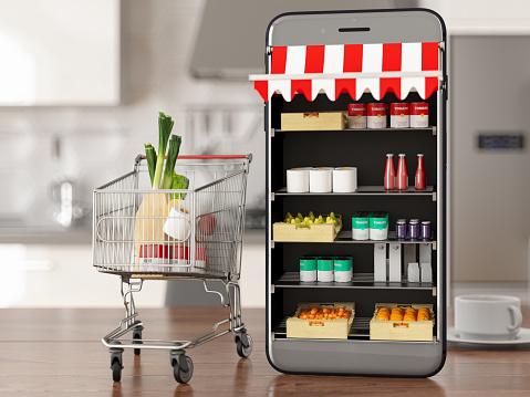Online Shopping Concept Market Shelves and Foods Inside Smart Phone with a Shopping Cart 3D Render