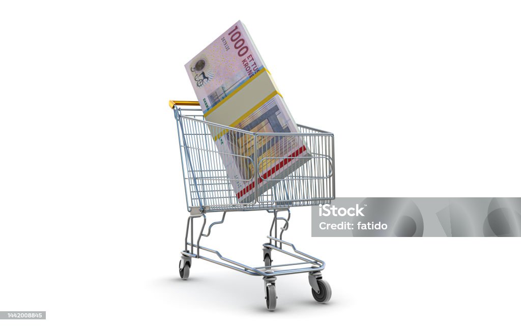 Shopping Cart with Danish Krone Bills 24 Hrs Stock Photo