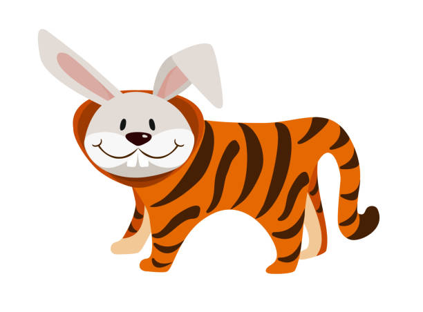 istock Chinese New Year 2023 and Merry Christmas transform. Cute cartoon rabbit in a tiger striped costume, tiger turns into a bunny. Printing for kid's T-shirt, greeting card, poster. Vector illustration 1442010916