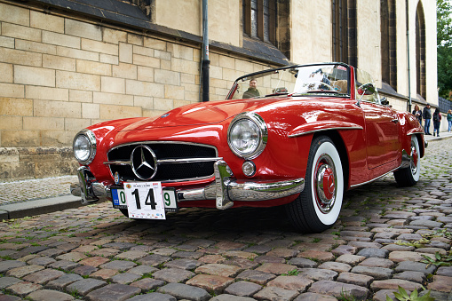 PRAGUE, CZECH REPUBLIC - OCTOBER 1, 2022: Vintage red Mercedes car at the Prazska Noblesa event