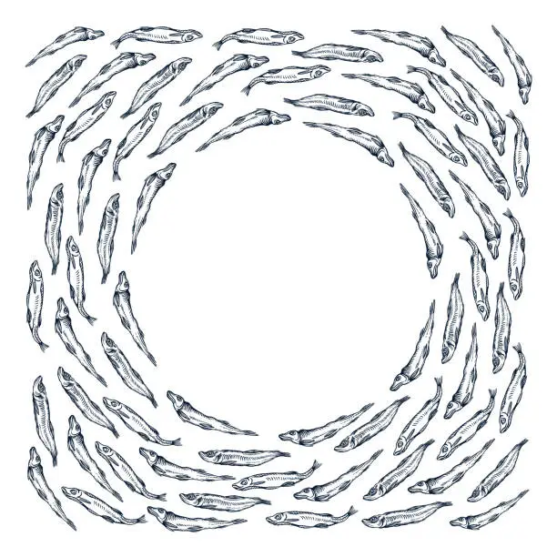 Vector illustration of Black and white circular composition of smelt fish swimming around with round empty space in the centre - for typing, cover or package background