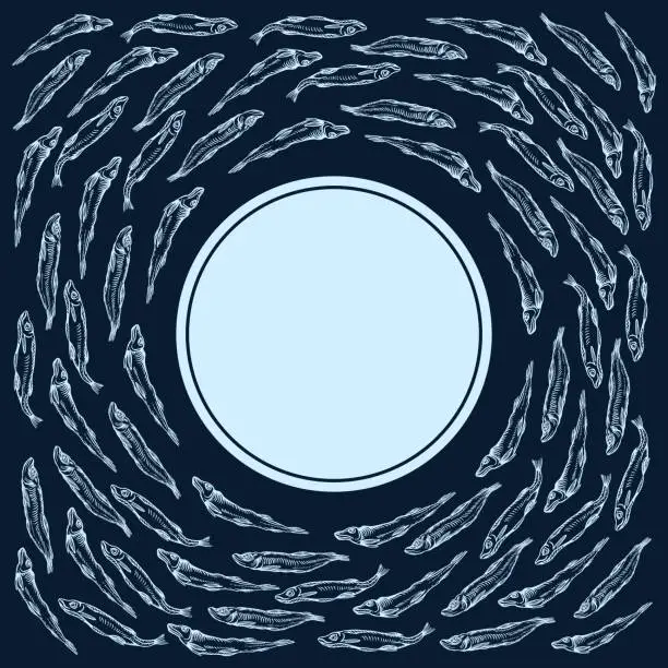 Vector illustration of Fish circular design - CD cover or food package with copy space in the circle - symbol of light or moon or a  plate. Hand drawn smelt fish swimming around.
