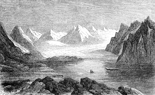 Waggonwaybreen glacier in Magdalenefjorden at Spitsbergen Island off the north coast of Norway. Vintage etching circa 19th century.