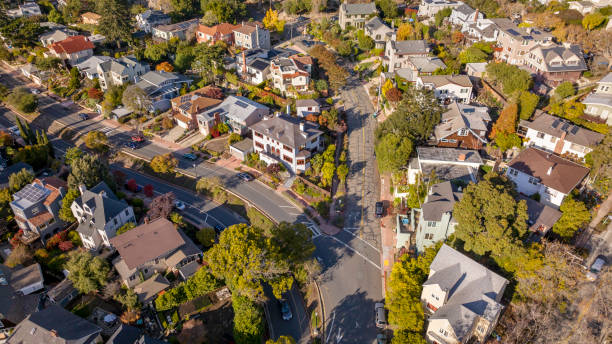 North Berkeley  California Neighborhood Aerial photo of North Berkeley neighborhood near the traffic circle called "The Circle". berkeley california stock pictures, royalty-free photos & images