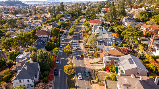 Aerial photo of North Berkeley neighborhood near the traffic circle called \