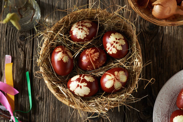 istock Easter eggs dyed with onion skins in a basket 1442015802