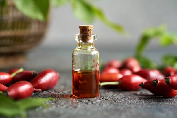 istock Red rosehip seed oil with fresh rose hips in autumn 1442016784