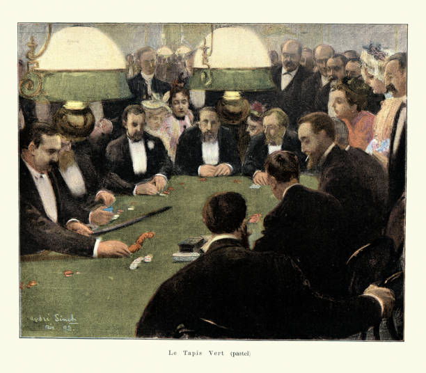 Le Tapis Vert, Men playing cards in a casino, Gambling, Victorian, 1890s, 19th Century vector art illustration
