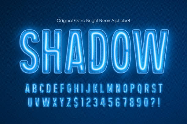 ilustrações, clipart, desenhos animados e ícones de alfabeto 3d luz neon, tipo original retro-futurista. - alphabet blue sign symbol