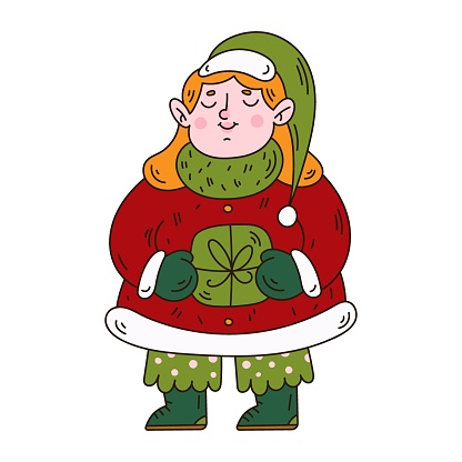 Cute girl in winter clothes and Santa hat. Christmas doodle art