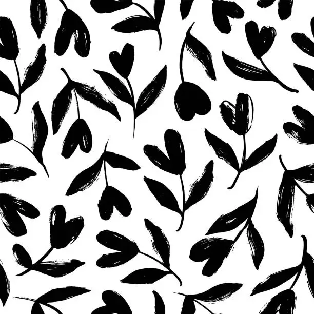Vector illustration of Branches with heart shape flowers seamless pattern.