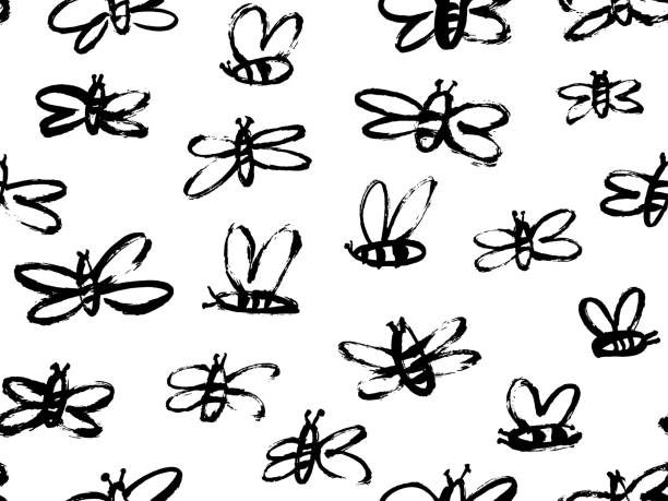유치한 스타일의 꿀벌 원활한 패턴. - summer backgrounds line art butterfly stock illustrations