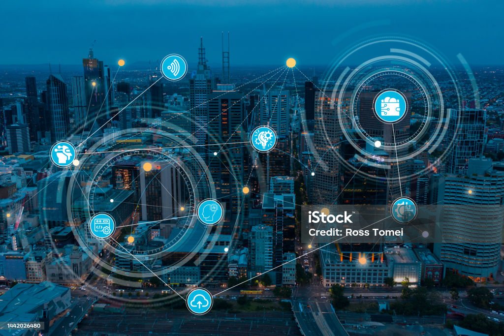 City skyline blue hour with technology fintech start up theme concept City Stock Photo