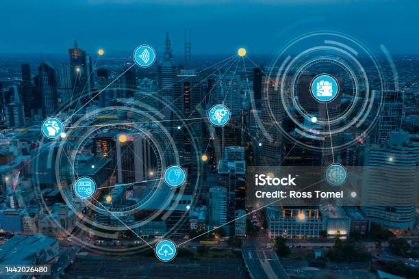 City Skyline Blue Hour With Technology Fintech Start Up Theme Concept Stock Photo - Download Image Now