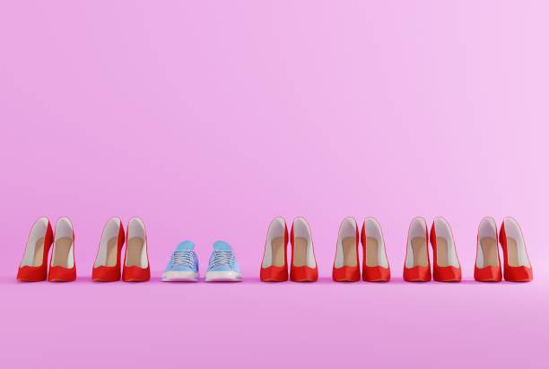 The concept of wearing comfortable shoes against high heels. Changing shoes for comfortable shoes for women. 3D render, 3D illustration.