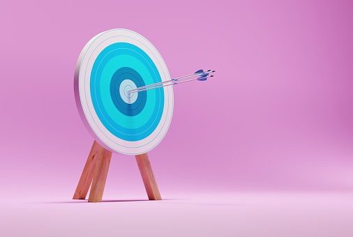 Archery target on a pink background. The concept of fulfilling the goal, striving to implement plans. 3D render, 3D illustration.