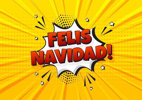 Spanish Merry Christmas comic vector yellow background, Feliz Navidad, cartoon speesh bubble in pop art. Spain holiday illustration