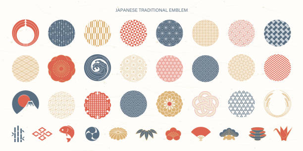 Japanese traditional pattern decorations and icons collection. EPS10 Vector Illustration. Easy to edit, manipulate, resize or colorize. seigaiha stock illustrations