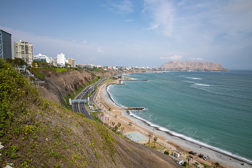 landscape from the viewpoint drone view of the coastline of the coast of the city of lima in peru