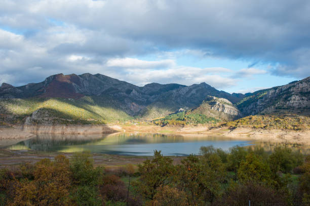 Beautiful landscape in autumn. Water reservoir with low level. Beautiful landscape in autumn. Water reservoir with low level in Leon, Spain low viewing point stock pictures, royalty-free photos & images