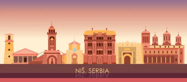 Vector illustration of Sunset Skyline panorama of City of Nis, Serbia