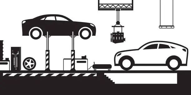 Vector illustration of Car service with stand and canal