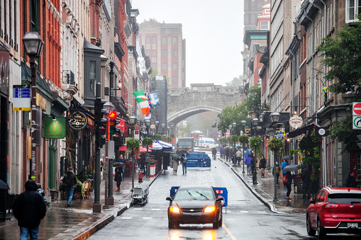 Quebec City, Canada. Old town district street during autumn rain.