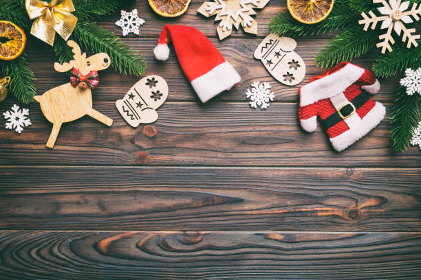 istock Christmas background with fir branches and Christmas decor. Top view, copy space for text 1442034448