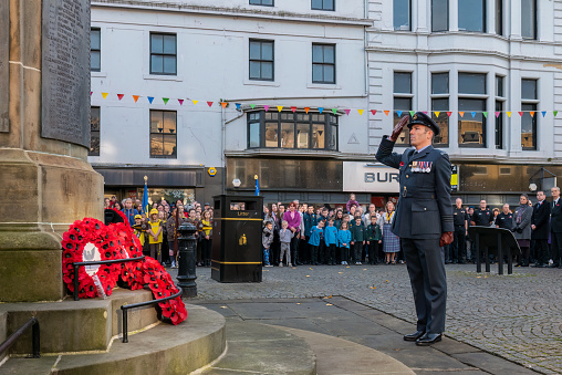 13 November 2022. Elgin,Moray,Scotland. This is from the Remembrance Parade and Wreath Laying at the War Memorial on Elgin High Street.