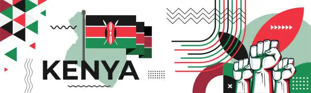 Vector illustration of Kenya national day banner with Kenyan flag and map colors theme background and geometric abstract retro modern red green black design.