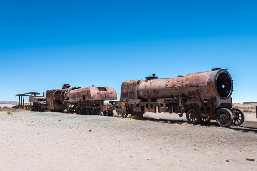 uyuni, bolivia. 5th november, 2022: views of rusty trains located at uyuni which it was used in the past for commercial use