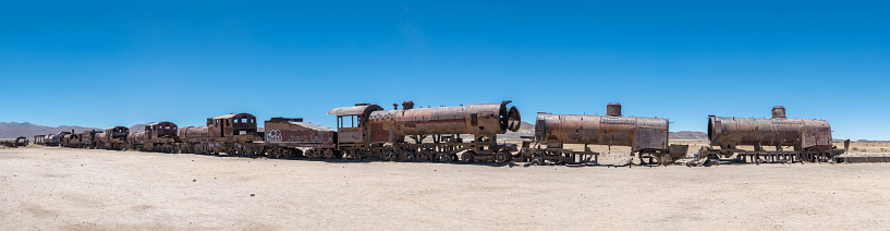 uyuni, bolivia. 5th november, 2022: views of rusty trains located at uyuni which it was used in the past for commercial use