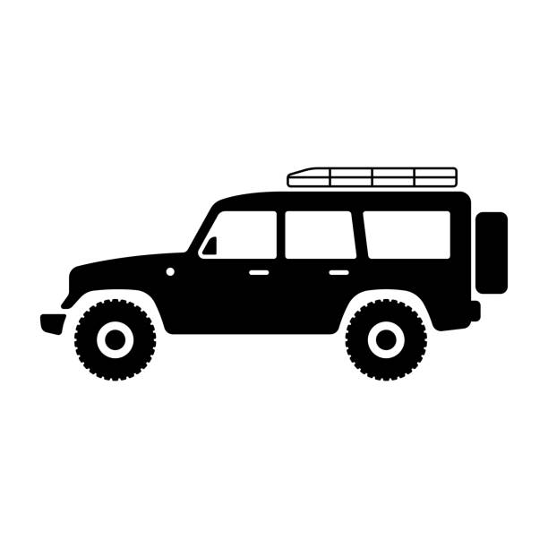suvアイコン。旅行や観光のためのオフロード車。黒いシルエット。側面図。ベクター画像のシンプルなフラットグラフィックイラスト。白い背景に分離型オブジェクト。隔離する。 - sports utility vehicle 4x4 car mud点のイラスト素材／クリップアート素材／マンガ素材／アイコン素材