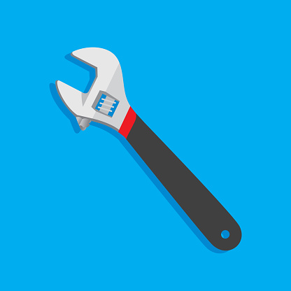 Vector illustration of a wrench against a blue background in flat style.