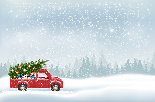 Festive Christmas background with a winter village, snow-covered fir trees and a blue car is driving a Christmas tree for a  holiday. Winter illustration, banner, card