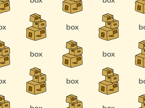 Box cartoon character seamless pattern on yellow background