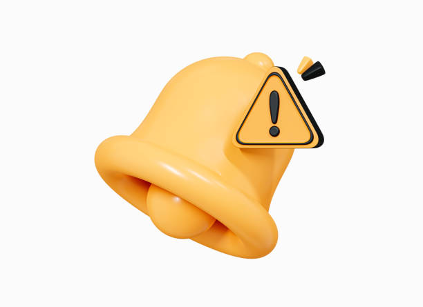 3d bell notification with exclamation mark. caution - danger. attention sign. danger alarm bell. air-raid warning. notice message. cartoon design icon isolated on white background. 3d rendering - air raid imagens e fotografias de stock