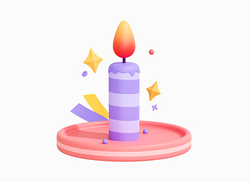 3D Birthday candle with fire. Purple striped cake candle. Party decoration. Festive element. Paslet color. Cartoon creative design icon isolated on white background. 3D Rendering