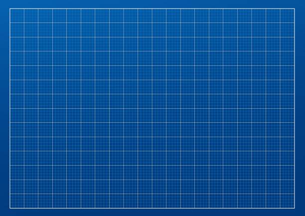 pusty szablon planu z pionowymi i poziomymi liniami na niebieskim tle gradientu z krokiem 1 cm. pusta siatka w kratkę do projektów architektonicznych i inżynieryjnych - blueprint stock illustrations