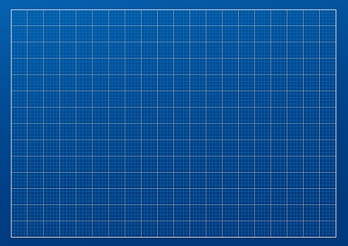 Blueprint empty template with vertical and horizontal lines on a blue gradient background with 1cm step. Blank checkered grid for architectural and engineering projects