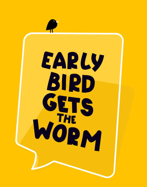 Motivational quote poster template. Early bird gets the worm. Big speech bubble on yellow background with hand written text and smal bird. Motivational quote poster template. Early bird gets the worm. Big speech bubble on yellow background with hand written text and smal bird. the early bird catches the worm stock illustrations