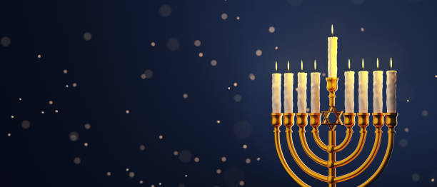 hanukkah menorah with candles on dark blue background with snowfall. happy hanukkah banner template, greeting card design with jewish candle holder. - hanukkah menorah candle blue imagens e fotografias de stock