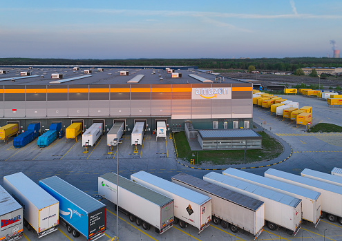 Aerial photos for Amazon warehouses in Poland, Sosnowiec. Concept of online stores, Amazon sale.
