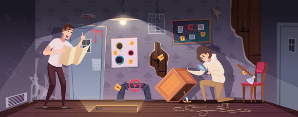 Quest rooms. Playground interior with questions and riddles puzzles and secrets exact vector cartoon background Quest rooms. Playground interior with questions and riddles puzzles and secrets exact vector cartoon background. Illustration of room labyrinth and solving riddle stock illustrations